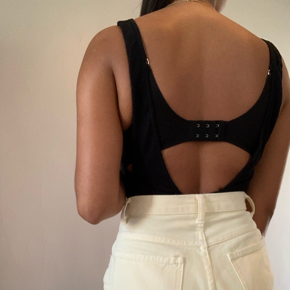 Open Back Ribbed Black Bodysuit